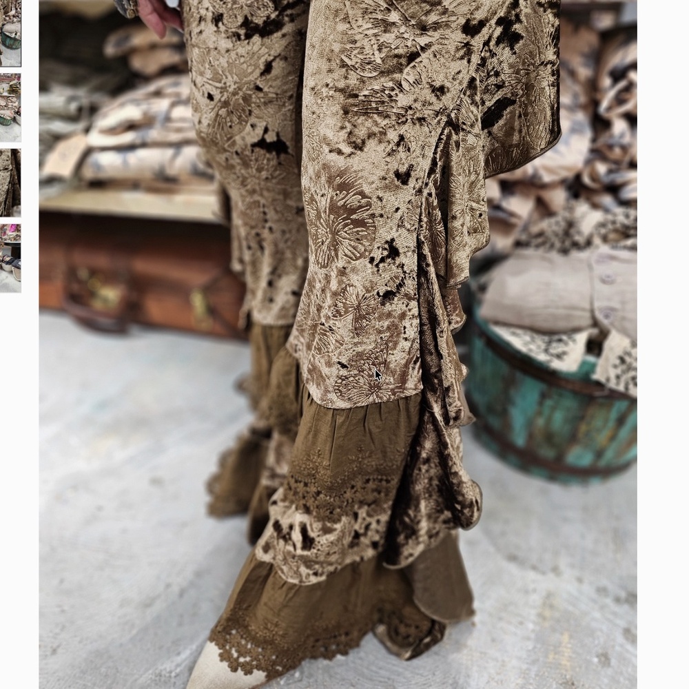 A Rare Bird Brown Butterfly Embossed Stretchy Waist Lace Ruffle Pants - Picture 5 of 5